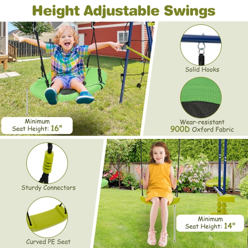 Gymax Swing Set for Backyard w/ 2 Height Adjustable Swings Glider Basketball Hoop
