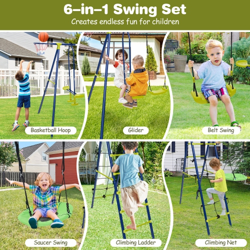 Gymax Swing Set for Backyard w/ 2 Height Adjustable Swings Glider Basketball Hoop
