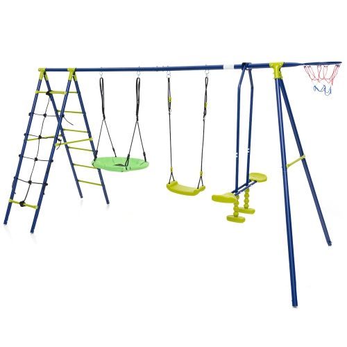 Gymax Swing Set for Backyard w/ 2 Height Adjustable Swings Glider Basketball Hoop