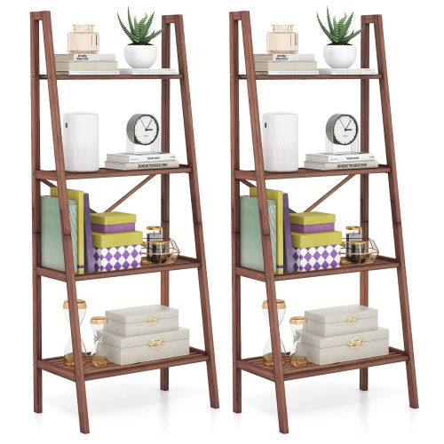 GYMAX  2 PCs 4-Tier Bamboo Ladder Bookshelf 58" Display Shelf Storage Rack Plant Flower Stand