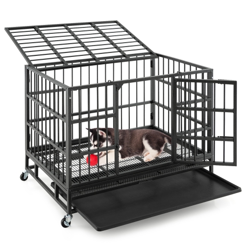 GYMAX  38" Foldable Heavy-Duty Metal Dog Cage W/ Lockable Rolling Casters In Black