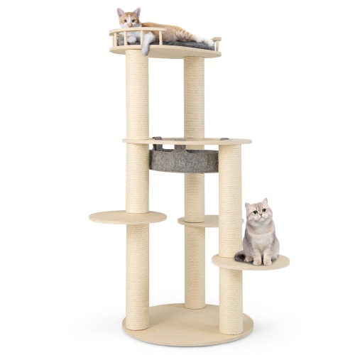 Gymax 6-level Wooden Cat Tree w/ Padded Perch Non-woven Hammock Scratching Posts