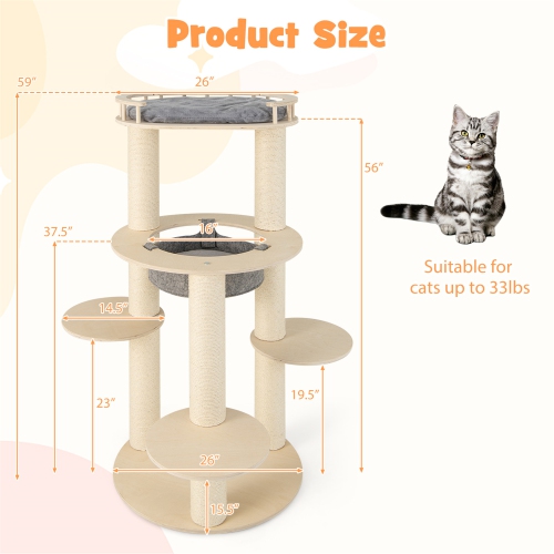 Gymax 6-level Wooden Cat Tree w/ Padded Perch Non-woven Hammock Scratching Posts
