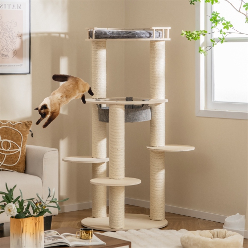 Gymax 6-level Wooden Cat Tree w/ Padded Perch Non-woven Hammock Scratching Posts