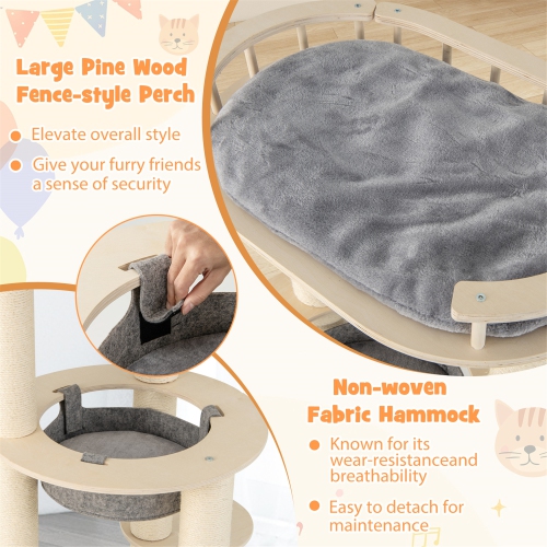 Gymax 6-level Wooden Cat Tree w/ Padded Perch Non-woven Hammock Scratching Posts