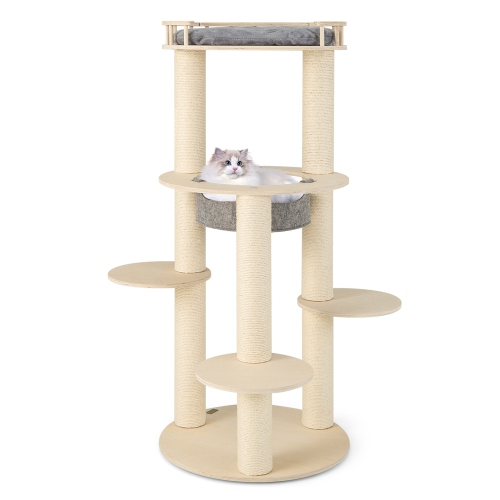 Gymax 6-level Wooden Cat Tree w/ Padded Perch Non-woven Hammock Scratching Posts