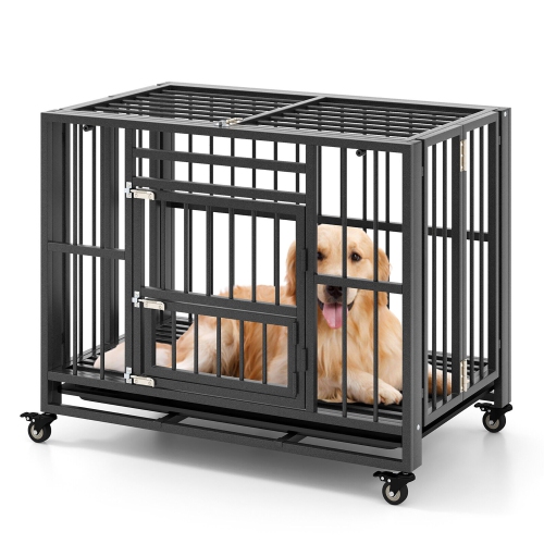 GYMAX  Foldable Heavy-Duty Metal Dog Cage W/ Lockable Universal Wheels 3 Lockable Doors