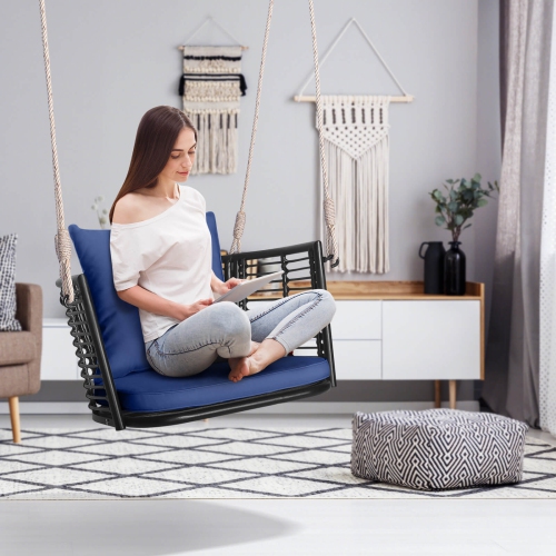 Costway Patio Hanging Rattan Basket Chair Swing Hammock Chair with Seat Cushion
