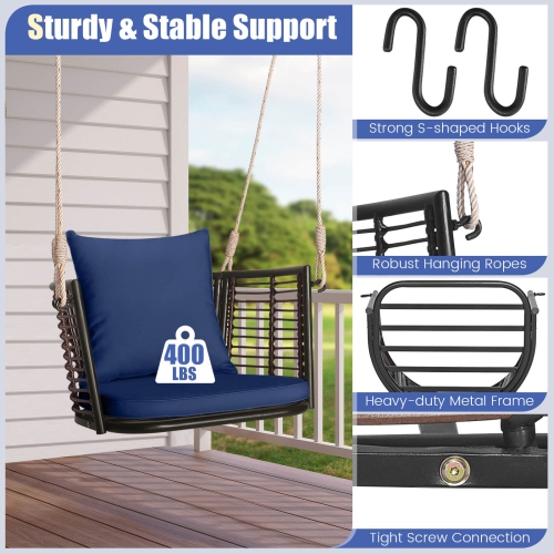 Costway Patio Hanging Rattan Basket Chair Swing Hammock Chair with Seat Cushion