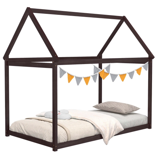 COSTWAY  Twin House Bed Wood Frame W/ Roof for Kids Toddler No Box Spring