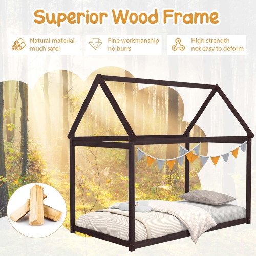 Costway Twin House Bed Wood Frame w/ Roof for Kids Toddler No Box Spring