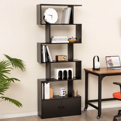Costway 1 PC Bookshelf w/Cabinet 6-Tier S-Shaped Bookcase Storage Rack