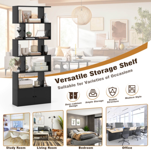 Costway 1 PC Bookshelf w/Cabinet 6-Tier S-Shaped Bookcase Storage Rack