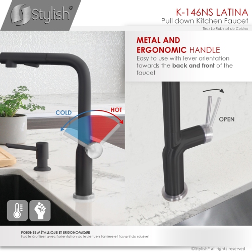 OPEN BOX A - Stainless Steel Kitchen Sink Faucet Single Handle Pull Down Dual Mode Matte Black/Silver Finish K-146NS