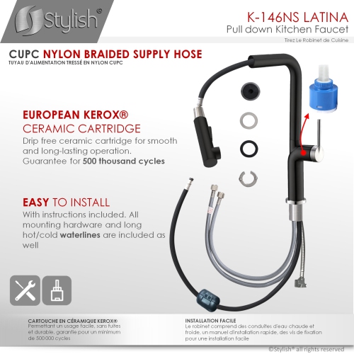 OPEN BOX A - Stainless Steel Kitchen Sink Faucet Single Handle Pull Down Dual Mode Matte Black/Silver Finish K-146NS