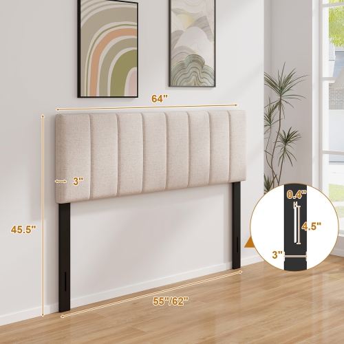 Gymax Linen Upholstered Headboard Vertical Channel Tufted Wood Leg for Full/Queen