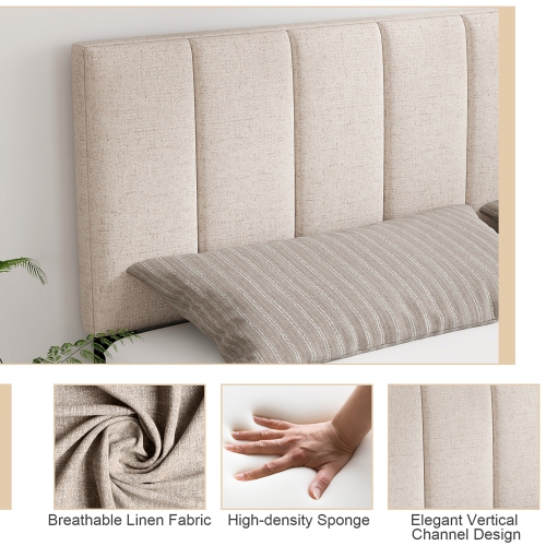 Gymax Linen Upholstered Headboard Vertical Channel Tufted Wood Leg for Full/Queen
