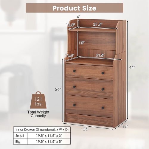 Gymax 3-Drawer Dresser 44'' Tall Wood Storage Organizer Chest w/ 2 Open Shelves Walnut