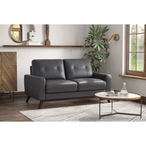 Valencia Francesca Mid Century Top Grain Leather 63" Loveseat Sofa Charcoal Grey