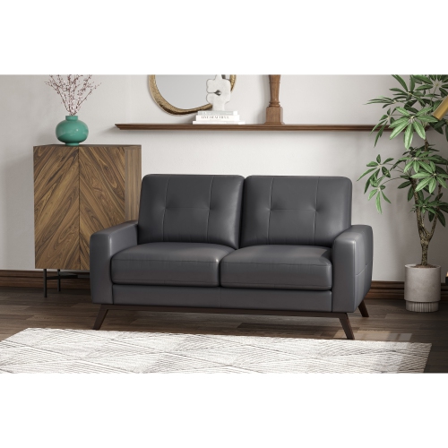 Valencia Francesca Mid Century Top Grain Leather 63" Loveseat Sofa Charcoal Grey