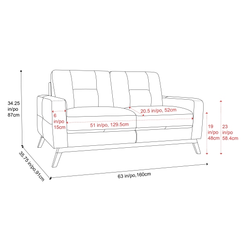 Valencia Francesca Mid Century Top Grain Leather 63" Loveseat Sofa Charcoal Grey