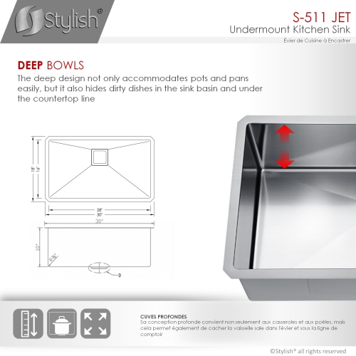 OPEN BOX A - Undermount 30'' Single-Bowl Stainless Steel Kitchen Sink with Grid and Square Strainer S-511XG