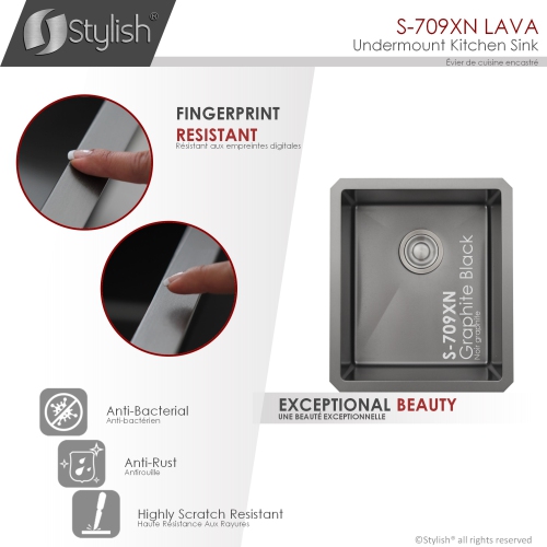 OPEN BOX A - Undermount 16" Graphite Black Single Bowl Stainless Steel Kitchen Sink with Grid and Basket Strainer S-709XN