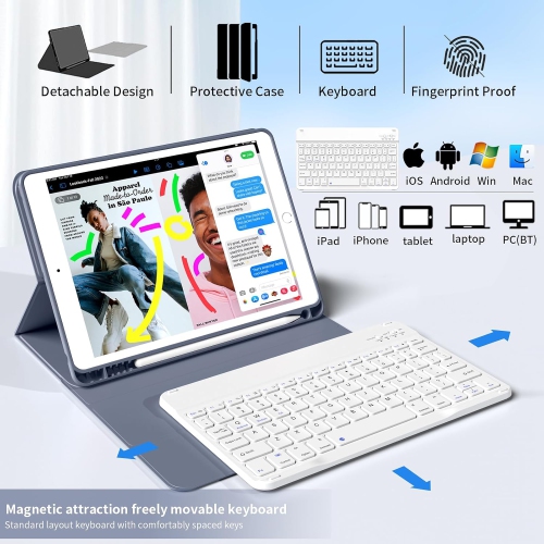 iPad 9th Generation /8th Gen /7th Gen 10.2 inch Keyboard Case with Pencil Holder, Wireless Bluetooth Magnetic Detachable Keyboard Case for iPad 10.2