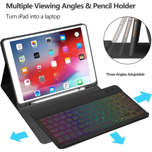 iPad 9th & 8th & 7th Generation Case Keyboard Backlit, Pencil Holder, iPad 8th-Bluetooth Keyboard Case for 10.2 inch iPad-iPad Air 3, Pro 10.5 - Black