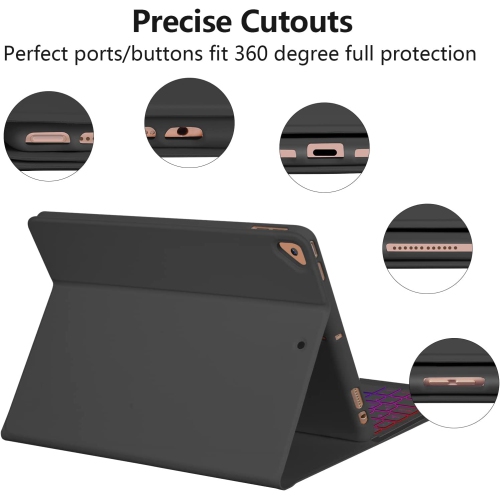 iPad 9th & 8th & 7th Generation Case Keyboard Backlit, Pencil Holder, iPad 8th-Bluetooth Keyboard Case for 10.2 inch iPad-iPad Air 3, Pro 10.5 - Black