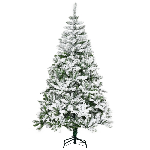 HOMCOM 6ft Snow Flocked Artificial Christmas Tree, Unlit Pine Christmas Tree with 750 Branches Tips, Steel Base, Automatic Open for Indoor Home Holid