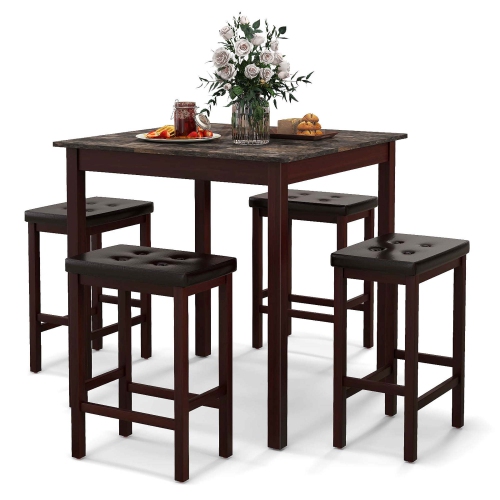 Costway 5 PCS Bar Table Set Square Dining Table & 4 PVC Leather Upholstered Bar Stools