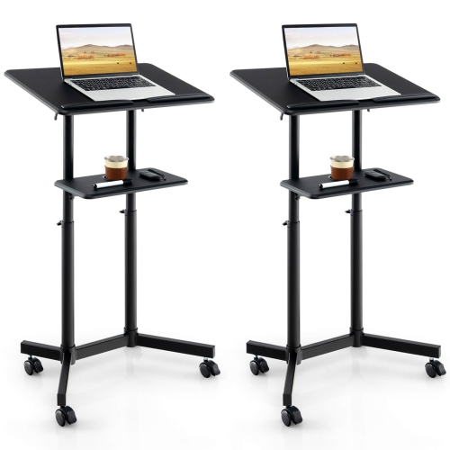 COSTWAY  2 PCs Mobile Lectern Podium With Tilting Top Storage Tray Lockable Casters In Black