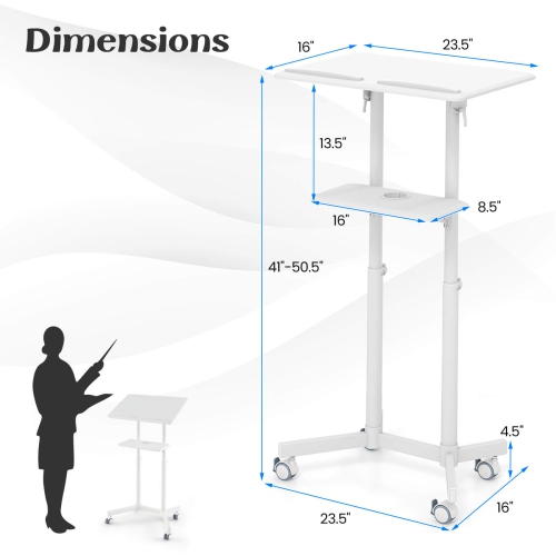 Costway 1 PCS Mobile Lectern Podium with Tilting Top Storage Tray Lockable Casters White