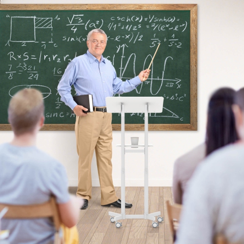 Costway 1 PCS Mobile Lectern Podium with Tilting Top Storage Tray Lockable Casters White