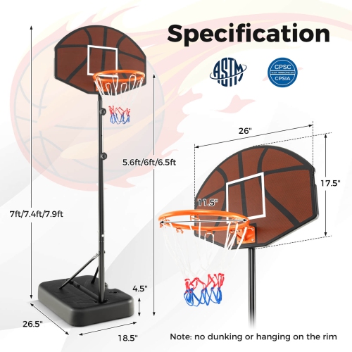 Costway Basketball Hoop 5.6-6.5 FT Height Adjustable for Kids with Shatterproof Backboard