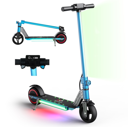 WEELMOTION 150W Classic Blue Electric Scooter for Kids, 6.5" Solid Tires, LED Front Lights & Multicolor shining pedal, Foldable Kick Scooter with LED