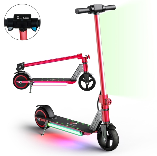 WEELMOTION Classic Red Electric Scooter for Kids, 6.5" Solid Tires, LED Front Lights & Multicolor shining pedal, Foldable Kick Scooter with LED