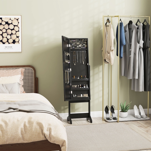 HOMCOM Mirror Jewelry Cabinet Armoire with LED Lights, Free Standing Jewelry Organizer with Full Length Mirror, Storage and Adjustable Angles, Black