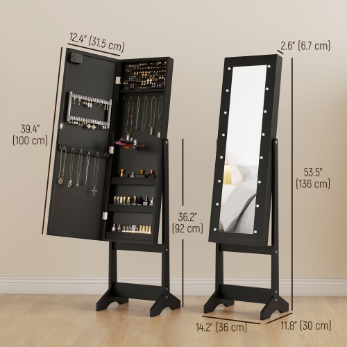 HOMCOM Mirror Jewelry Cabinet Armoire with LED Lights, Free Standing Jewelry Organizer with Full Length Mirror, Storage and Adjustable Angles, Black