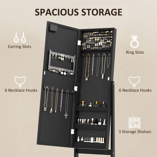 HOMCOM Mirror Jewelry Cabinet Armoire with LED Lights, Free Standing Jewelry Organizer with Full Length Mirror, Storage and Adjustable Angles, Black