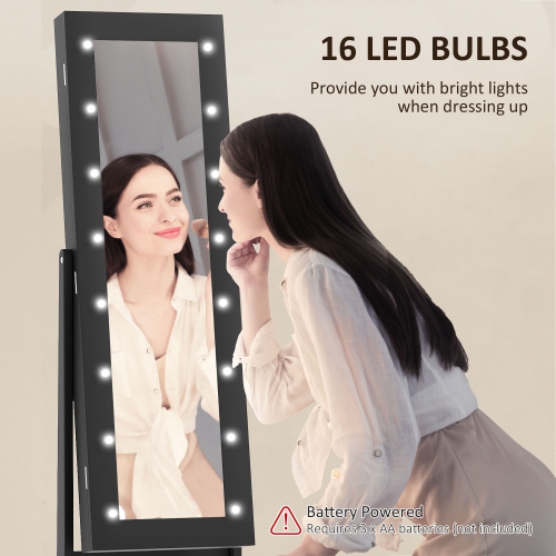 HOMCOM Mirror Jewelry Cabinet Armoire with LED Lights, Free Standing Jewelry Organizer with Full Length Mirror, Storage and Adjustable Angles, Black