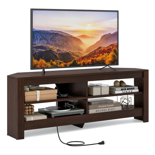 Costway 3-Tier Corner TV Stand with Power Outlet 4 Open Storage Shelves for Living Room