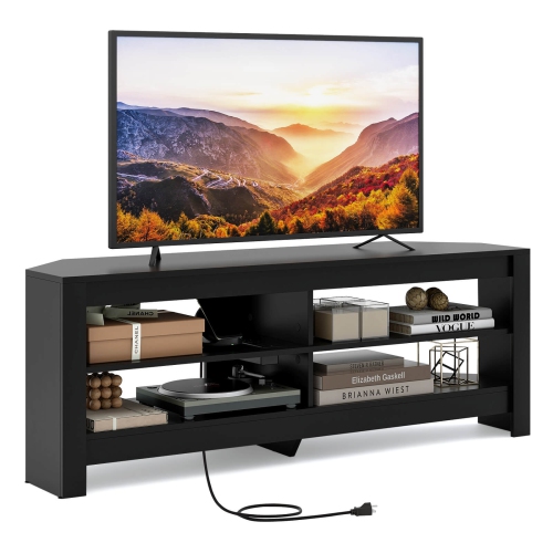 Costway 3-Tier Corner TV Stand with Power Outlet 4 Open Storage Shelves for Living Room