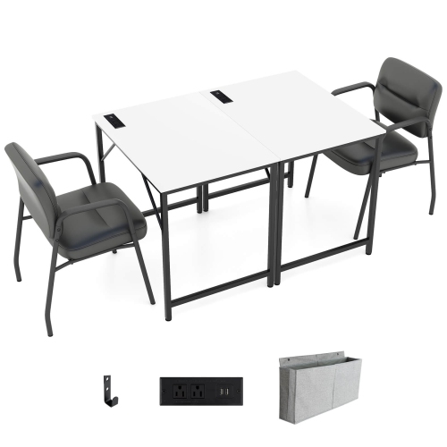 Costway 32" Meeting Room Desk Set of 2 with Charging Station & Headphone Hook Metal Frame White