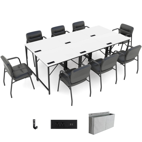 Costway 32" Meeting Room Desk Set of 6 with Charging Station & Headphone Hook Metal Frame White