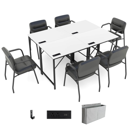Costway 32" Meeting Room Desk Set of 4 with Charging Station & Headphone Hook Metal Frame White