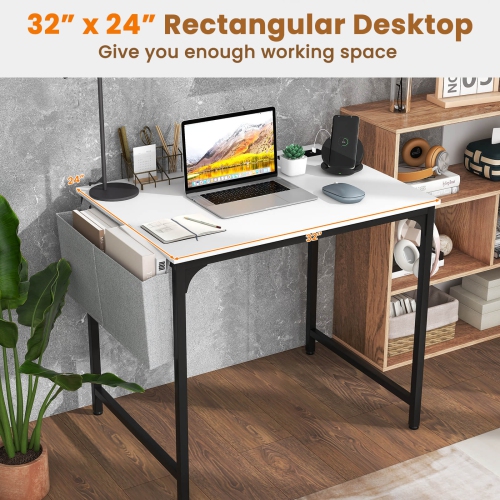 Costway 32" Meeting Room Desk Set of 4 with Charging Station & Headphone Hook Metal Frame White
