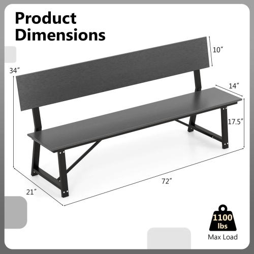 Costway 1 PCS 4-Person Bench with All-Weather HDPE Seat & Back Heavy-Duty Metal Support Grey