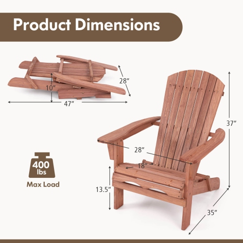 Costway Folding Adirondack Chair Set of 4 with High Backrest & Wide Armrests Wooden Brown